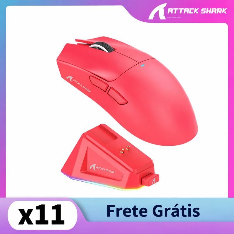 Mouse Gamer Sem Fio Attack Shark X11 RGB 22000 DPI Três Modos